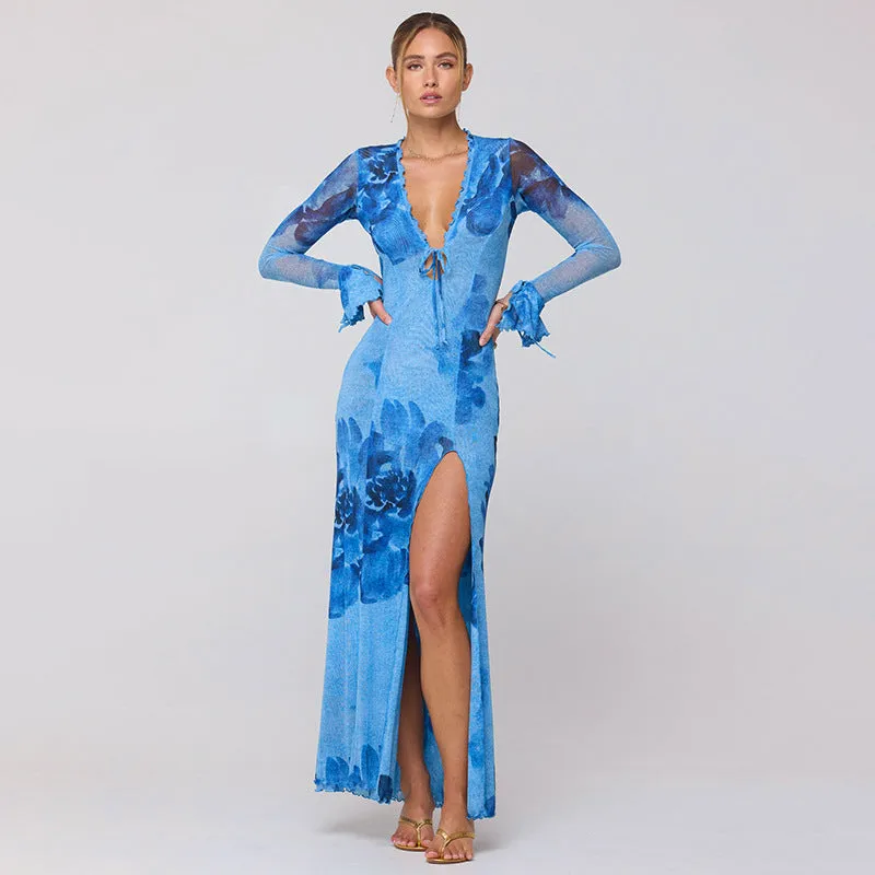 Women Chiffon Printed Robe Blouse Sexy Slit Vacation Dress