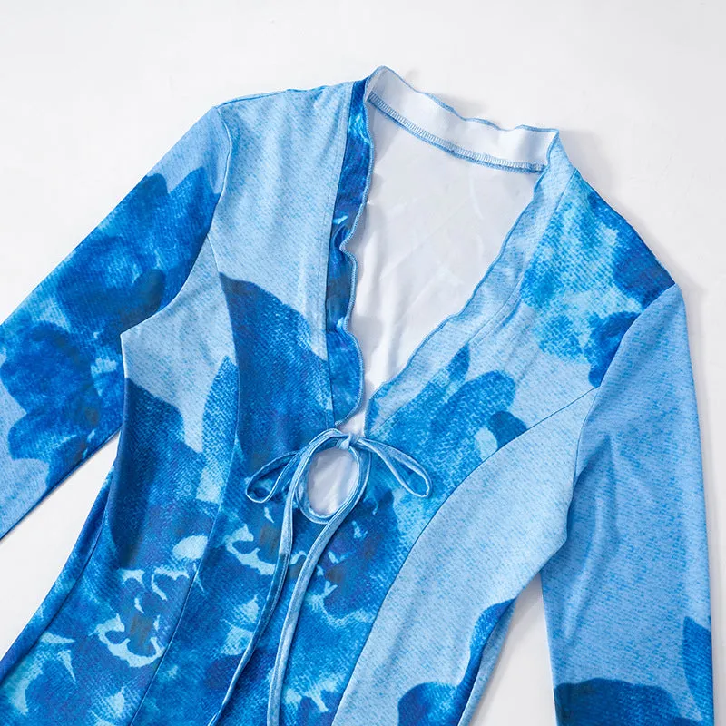 Women Chiffon Printed Robe Blouse Sexy Slit Vacation Dress