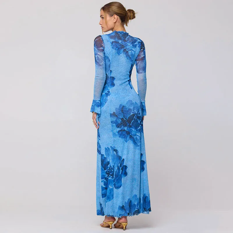 Women Chiffon Printed Robe Blouse Sexy Slit Vacation Dress