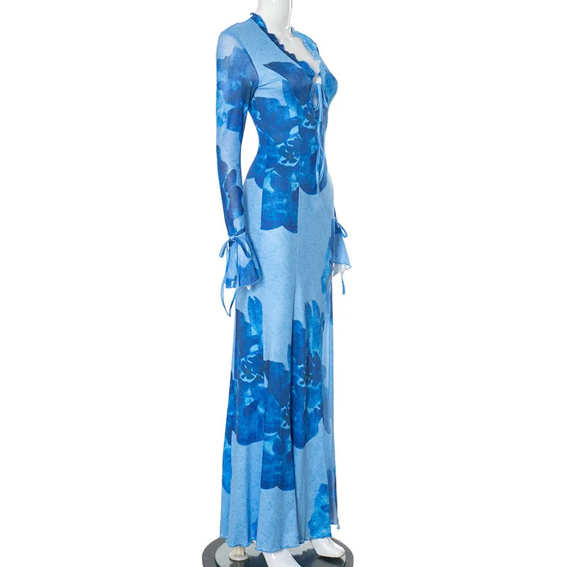 Women Chiffon Printed Robe Blouse Sexy Slit Vacation Dress