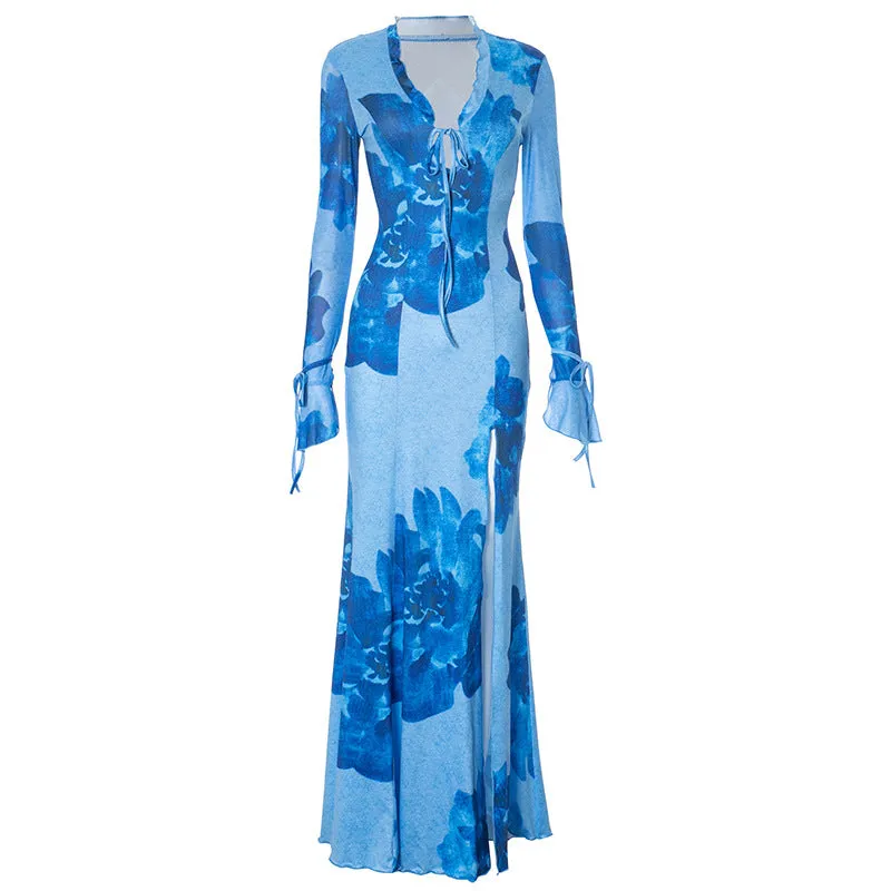 Women Chiffon Printed Robe Blouse Sexy Slit Vacation Dress