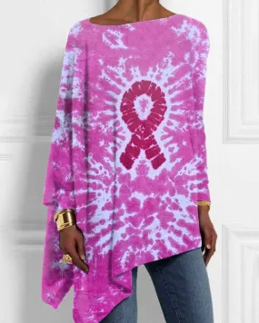 Women's Tie Dye Breast Cancer Awareness Print Irregular Top